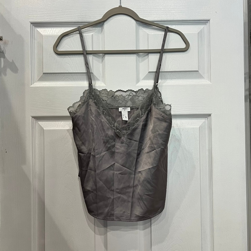 Forever 21 Camisole Polyester Satin Lace Trim Gray V-Neck Adjustable Straps L
